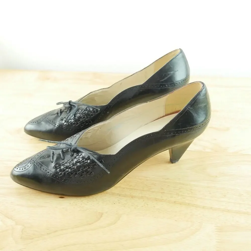 Vintage Black Woven Leather Loafer Heels Point Toe Granny Victorian Witchy 8 1/2